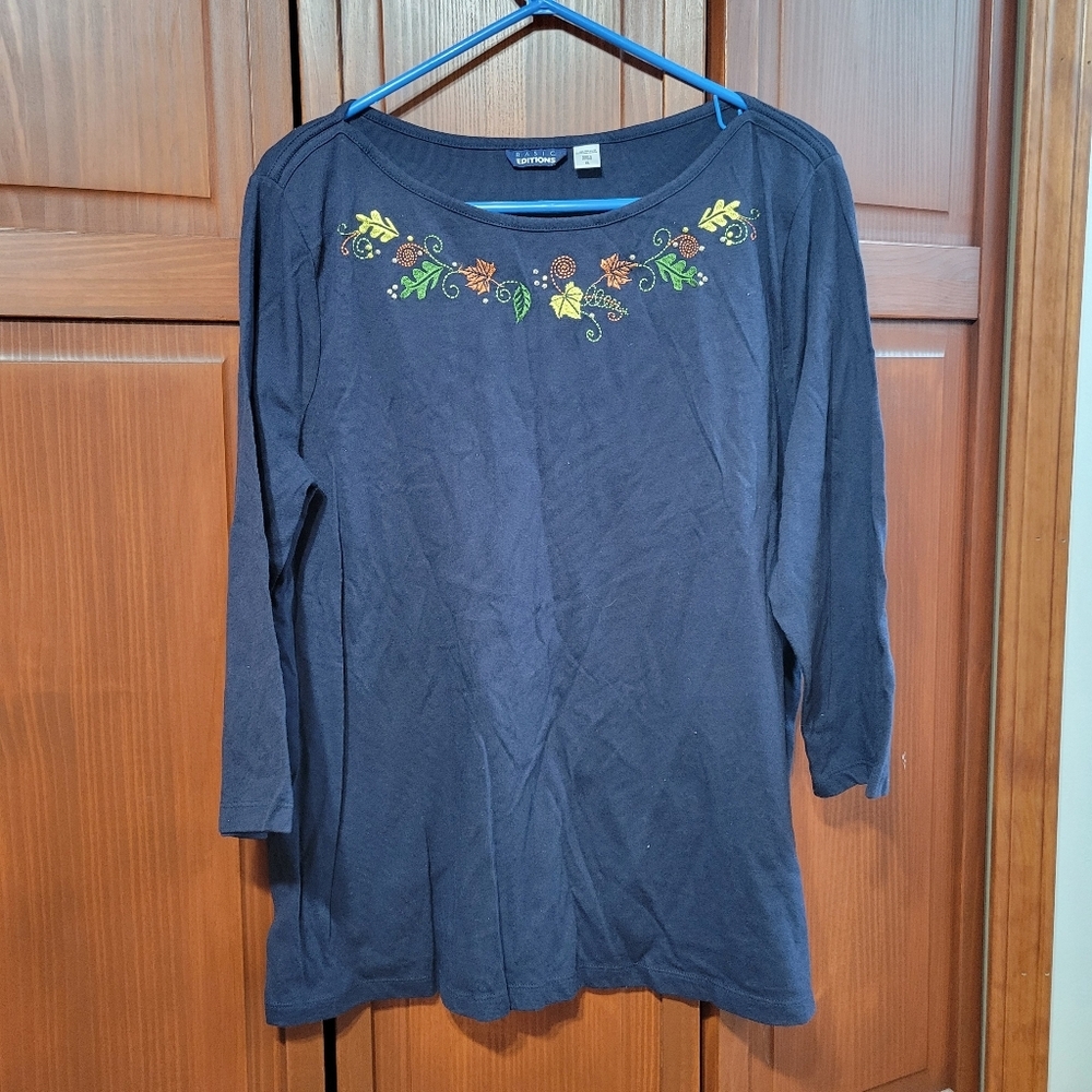 Basic Editions Embroidered Fall Leaves Navy Blue Long Sleeve Shirt | XL